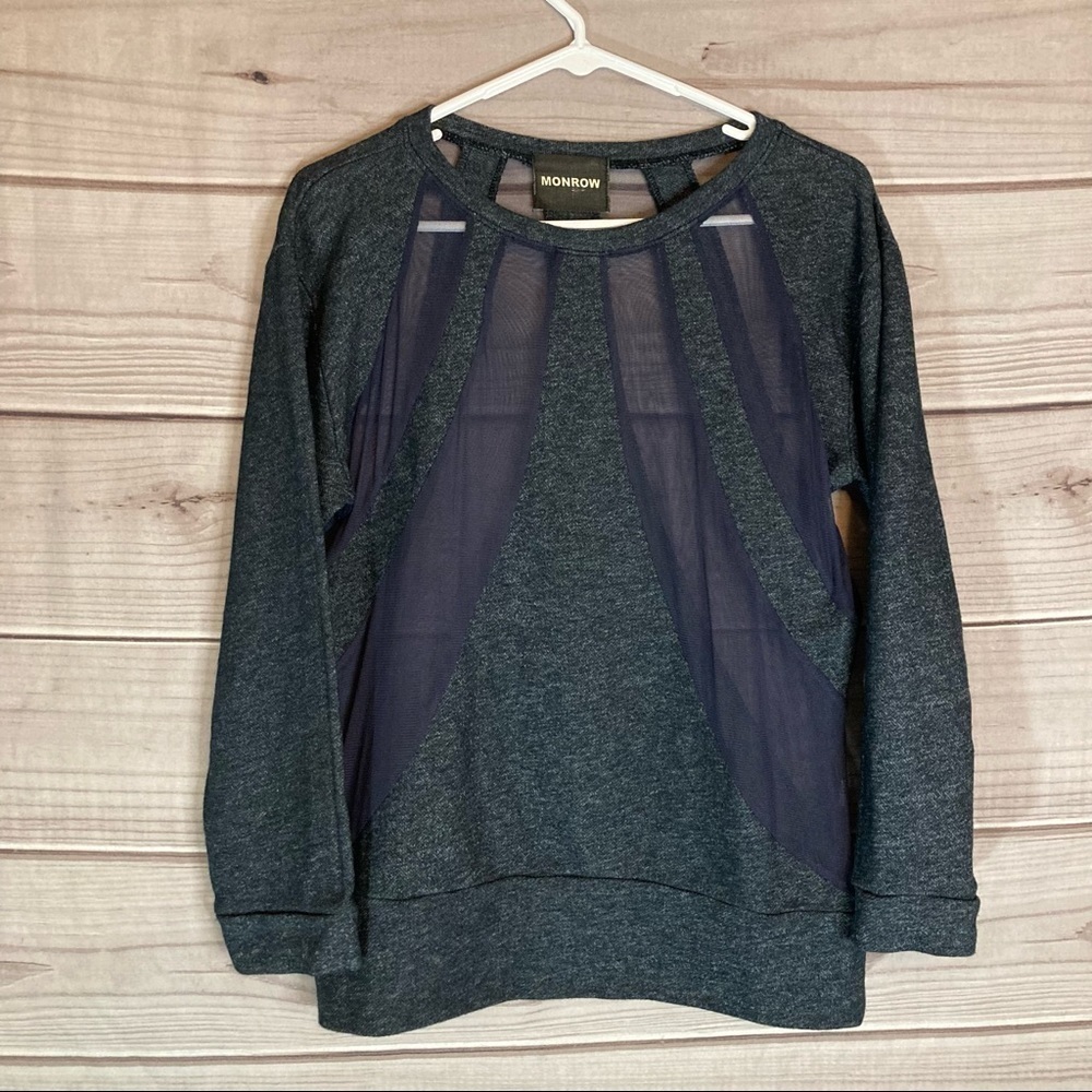 MONROW Grey Pullover Mesh Panelled Sweatshirt